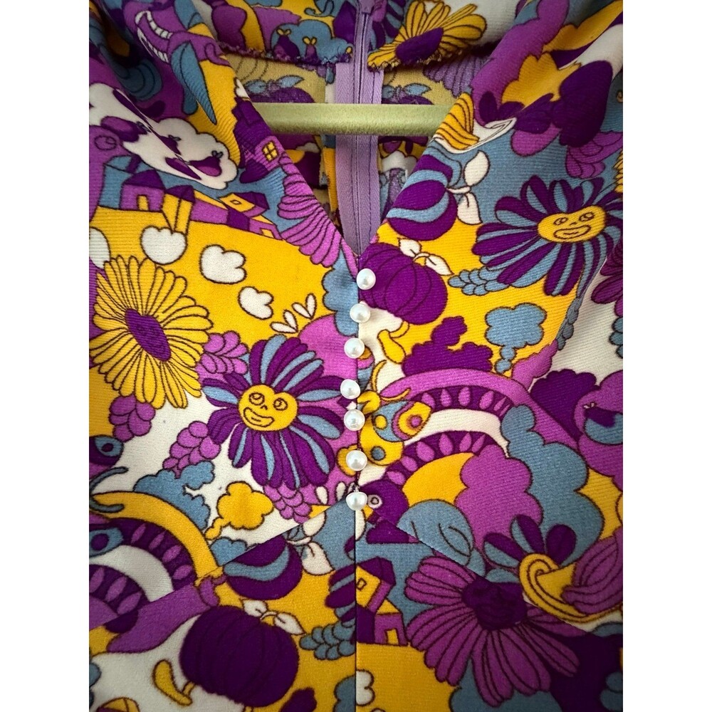 Vintage 60s 70s Handmade Psychedelic Novelty Print Mini Dress Puff Sleeve XS - Picture 8 of 8